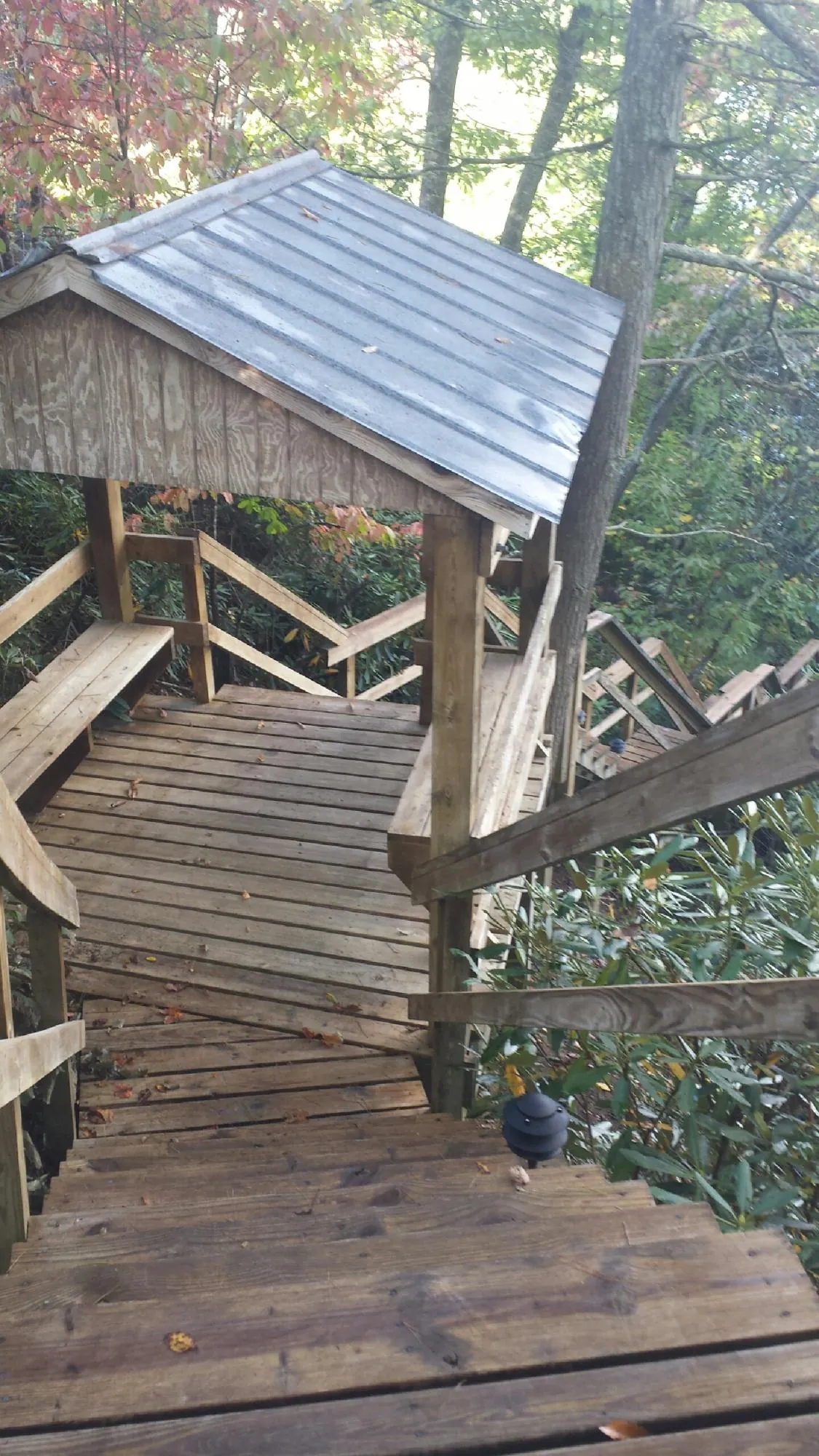 Metal roofed shelter over wooden steps on a wooded walkway — Skylight Repair & Installation work by our crew in Crouse